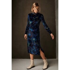 Maeve Anthropologie Constance Velvet Midi Dress Small Blue Motif Floral Romantic